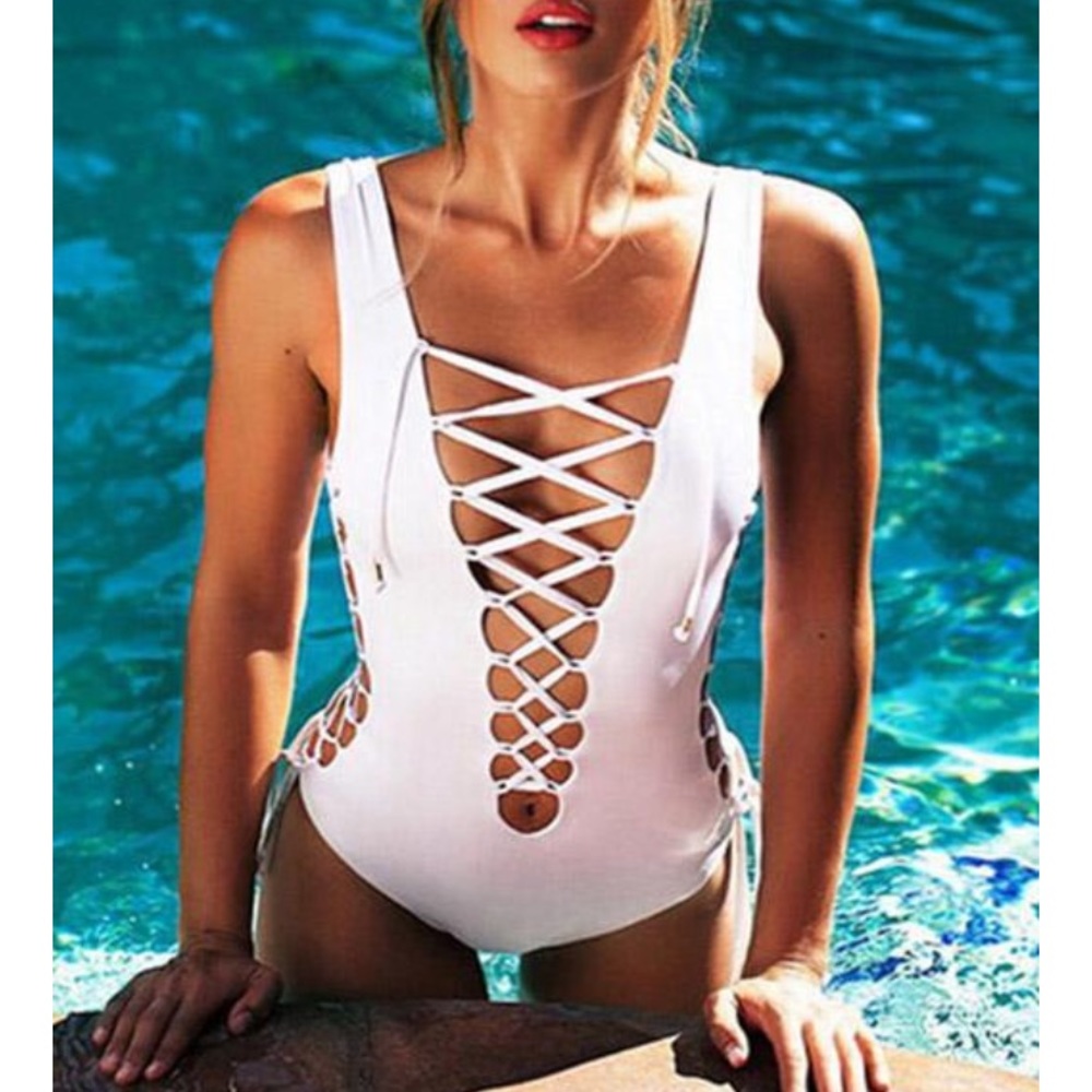 White lace up bathing suit